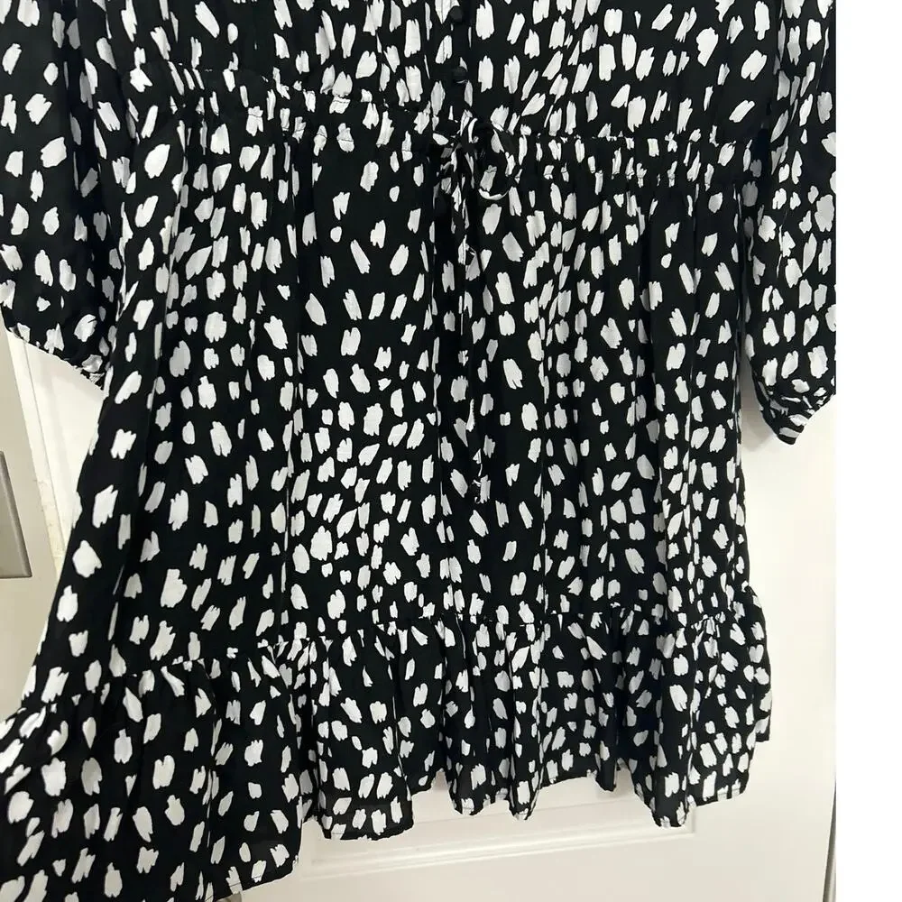 Vineyard Vines Black White Silk Blend Dress Large V Neck Long Sleeve Ruffle Hem - Picture 8 of 16